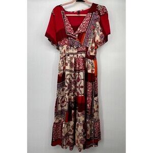 Lapis Tiered satin sof Maxi Dress Size L Floral Patchwork Shirred Elastic Waist